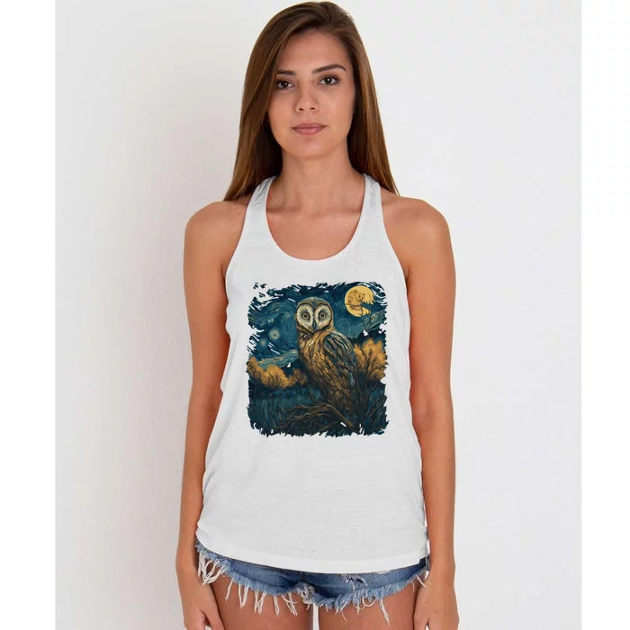 An Owl In The Night Forest Painting Women's Knotted Racerback Tank