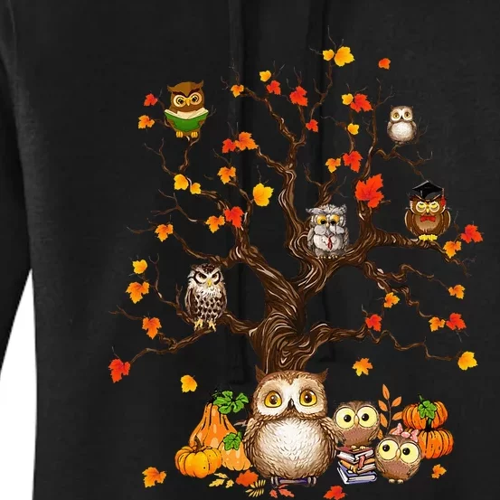 Autumn Owl Lover Festive Pumpkin and Leaves Tree for Halloween Women's Pullover Hoodie