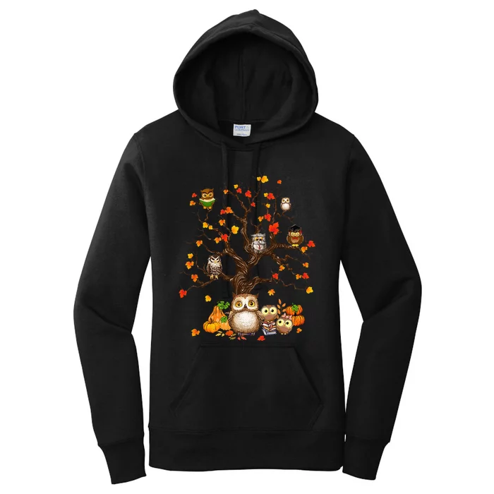 Autumn Owl Lover Festive Pumpkin and Leaves Tree for Halloween Women's Pullover Hoodie