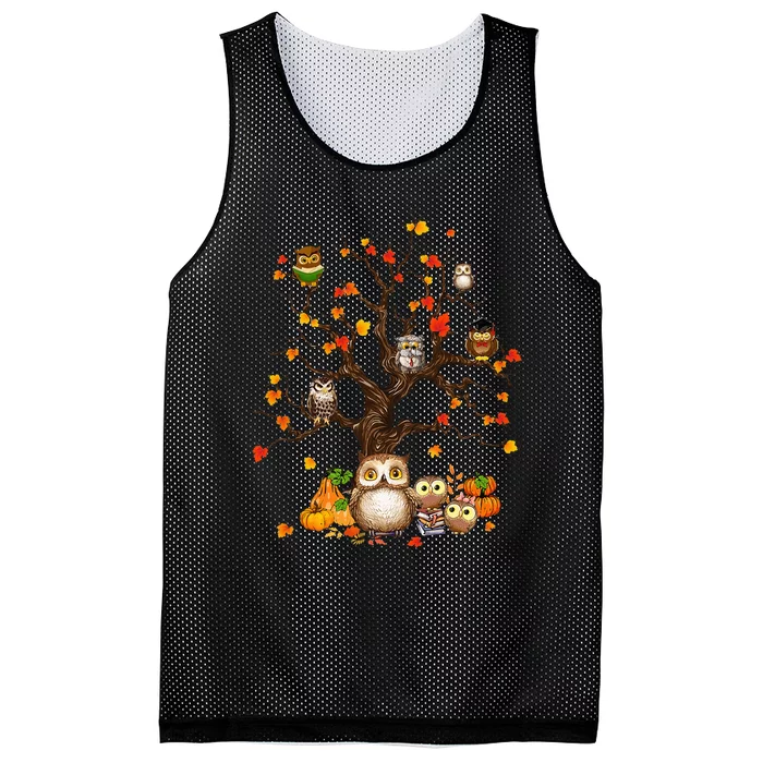 Autumn Owl Lover Festive Pumpkin and Leaves Tree for Halloween Mesh Reversible Basketball Jersey Tank