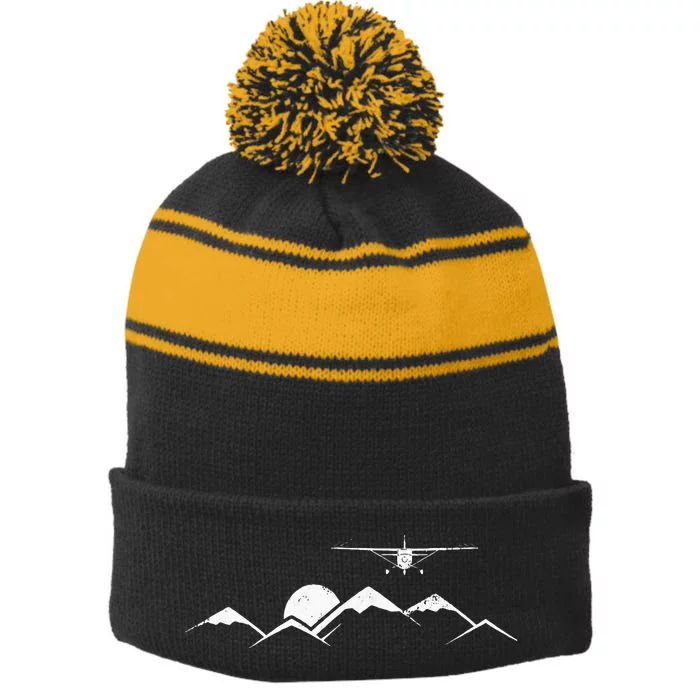 Airplane Over Mountains Gift For Pilots Stripe Pom Pom Beanie