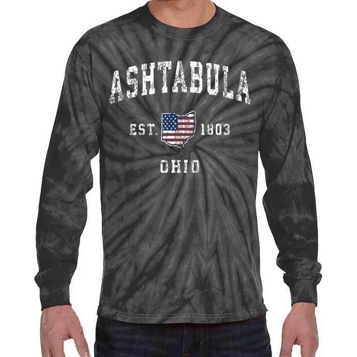 Ashtabula Ohio Oh Vintage American Flag Sports Design Tie-Dye Long Sleeve Shirt