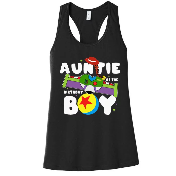 Auntie Of The Birthday Boy Toy Lover Funny Story Theme Bday Women's Racerback Tank