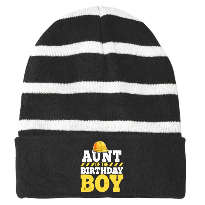 Aunt of the Birthday Boy Construction Birthday Party Striped Beanie with Solid Band