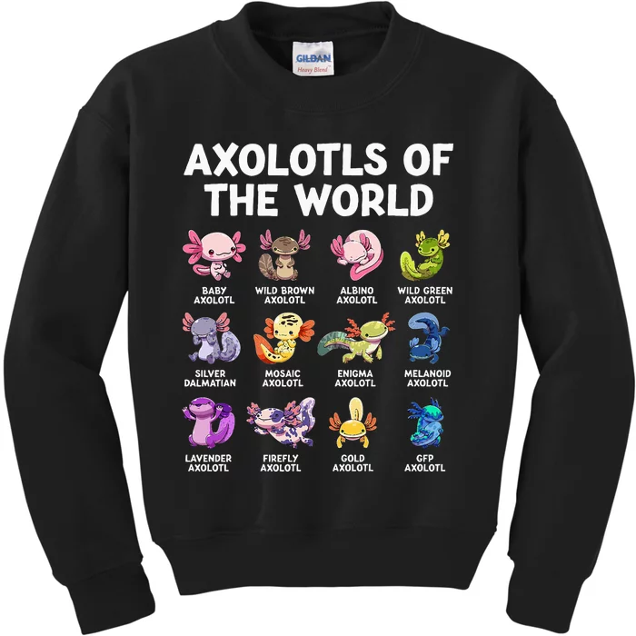 Axolotls Of The World Kawaii Types Of Axolotl Fish Amphibian Kids Sweatshirt