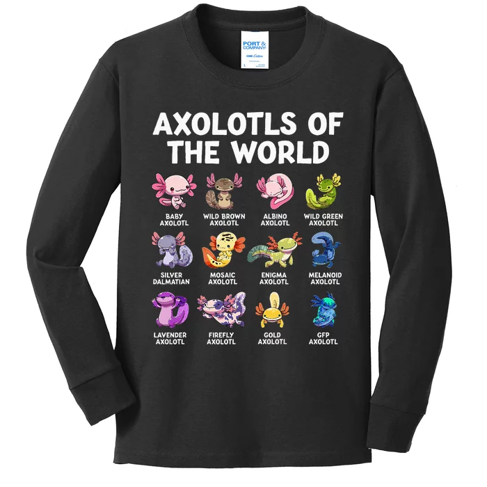 Axolotls Of The World Kawaii Types Of Axolotl Fish Amphibian Kids Long Sleeve Shirt