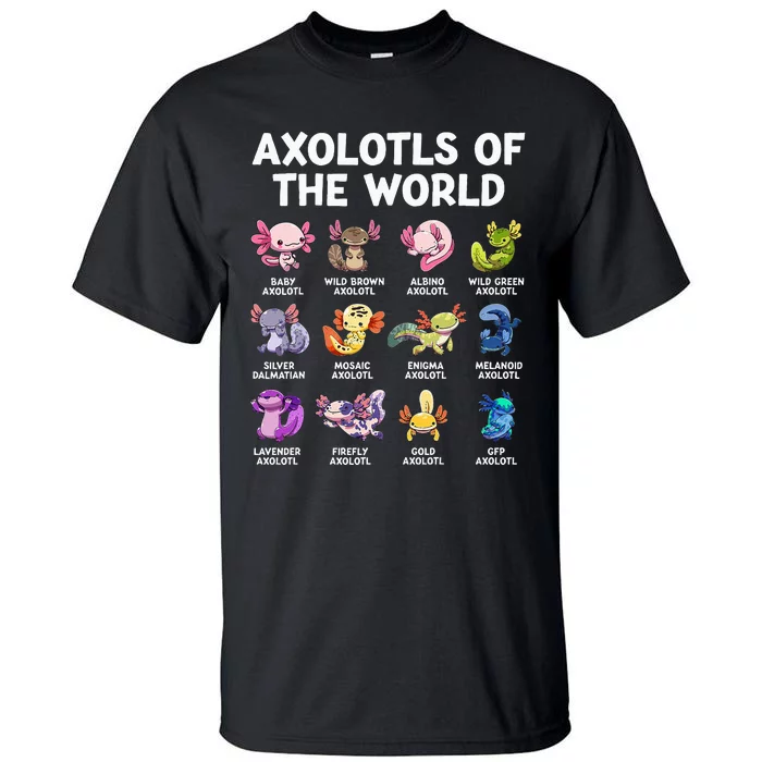 Axolotls Of The World Kawaii Types Of Axolotl Fish Amphibian Tall T-Shirt