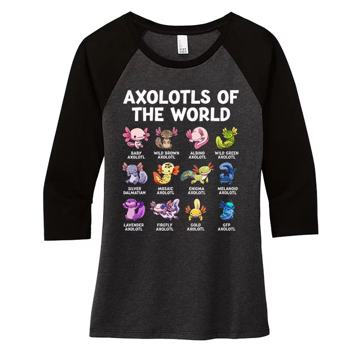 Axolotls Of The World Kawaii Types Of Axolotl Fish Amphibian Women's Tri-Blend 3/4-Sleeve Raglan Shirt