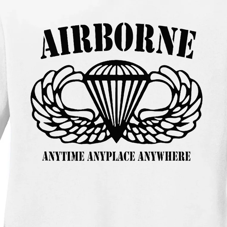 Airborne Paratrooper Black Jump Wings Airborne Tab Ladies Long Sleeve Shirt