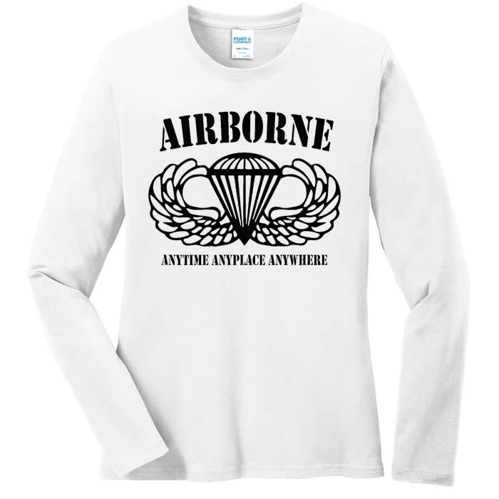 Airborne Paratrooper Black Jump Wings Airborne Tab Ladies Long Sleeve Shirt