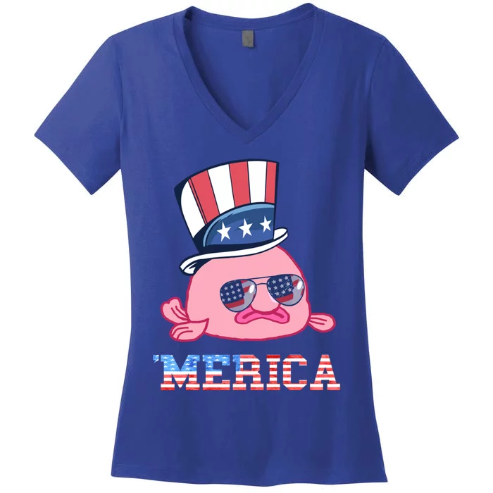 America Patriotic Blobfish American Flag Funny Grumpy Fish Funny Gift Women's V-Neck T-Shirt