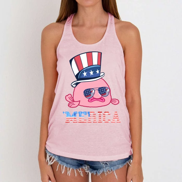 America Patriotic Blobfish American Flag Funny Grumpy Fish Funny Gift Women's Knotted Racerback Tank