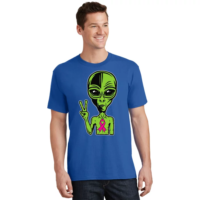 Alien Peace Breast Cancer Ribbon Costume Cool Halloween Gift T-Shirt