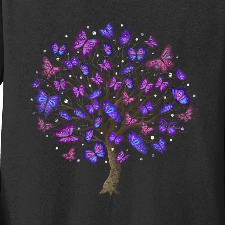 Animal Purple Butterflies Tree Nature Butterfly Kids Long Sleeve Shirt