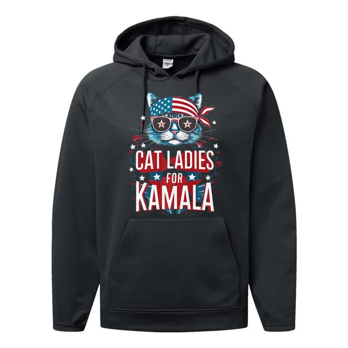 Awesome Patriotic Cat With Bandana Cat Ladies For Kamala Performance Fleece Hoodie