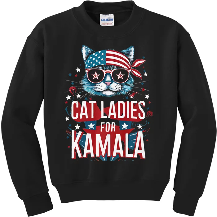 Awesome Patriotic Cat With Bandana Cat Ladies For Kamala Kids Sweatshirt