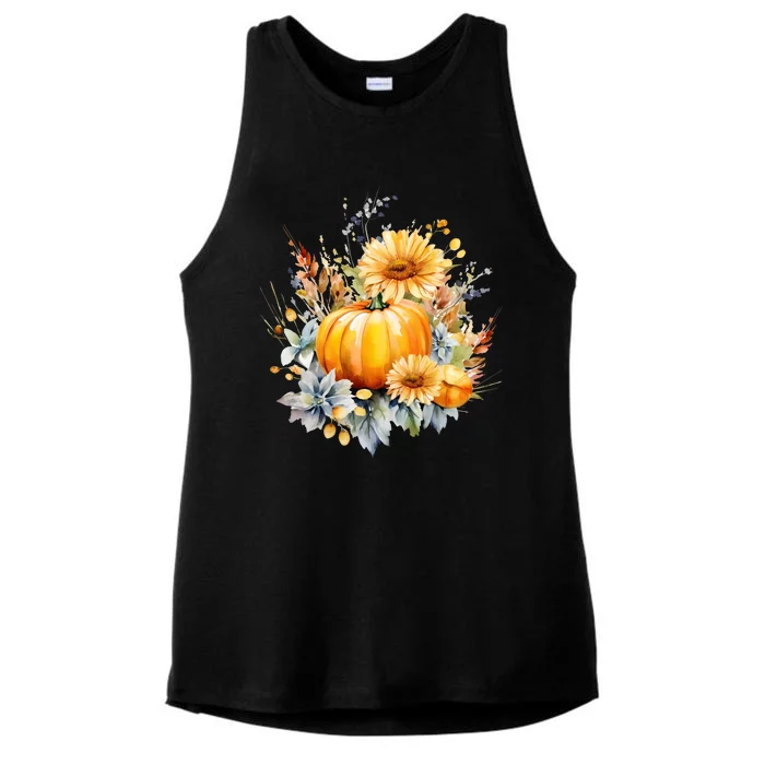 Autumn Pumpkin Cute Floral Halloween Ladies Tri-Blend Wicking Tank