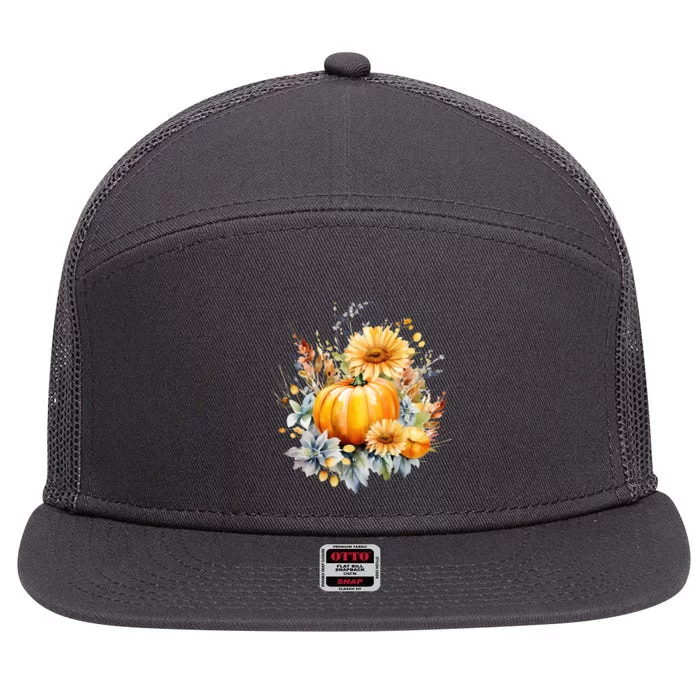 Autumn Pumpkin Cute Floral Halloween 7 Panel Mesh Trucker Snapback Hat