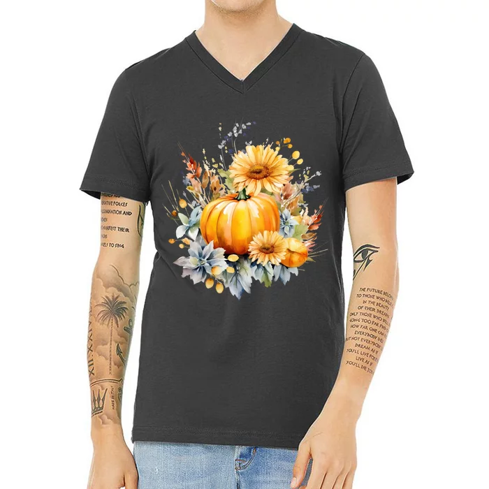 Autumn Pumpkin Cute Floral Halloween V-Neck T-Shirt