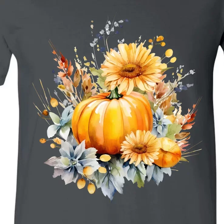 Autumn Pumpkin Cute Floral Halloween V-Neck T-Shirt