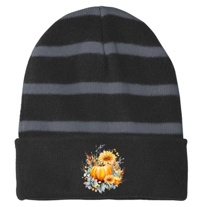 Autumn Pumpkin Cute Floral Halloween Striped Beanie with Solid Band