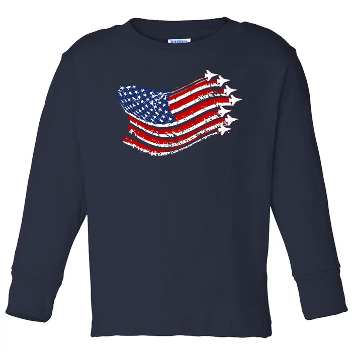 American Patriotic Fighter Jets Usa Flag Toddler Long Sleeve Shirt