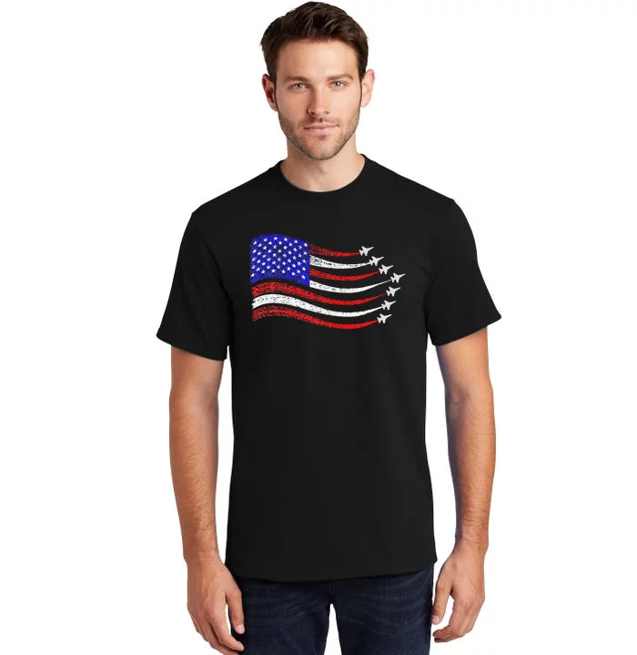 American Patriotic Fighter Jets Usa Flag Waving Tall T-Shirt