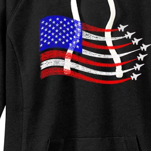 American Patriotic Fighter Jets Usa Flag Waving 4th Of July Women's Fleece Hoodie