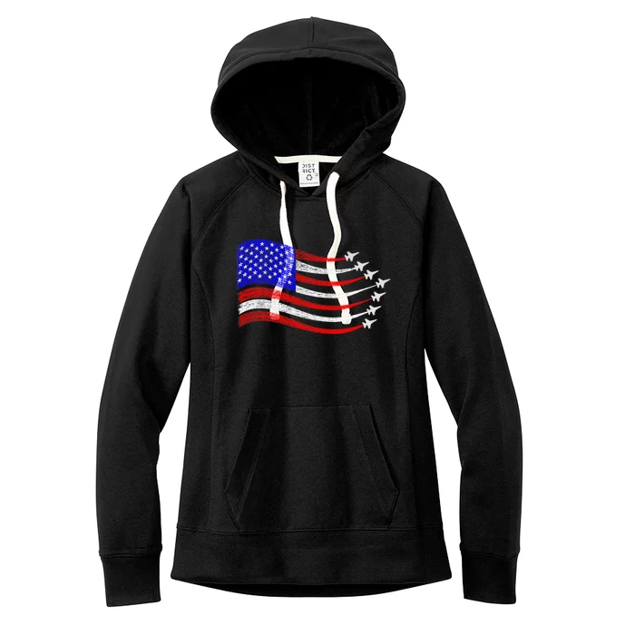 American Patriotic Fighter Jets Usa Flag Waving 4th Of July Women's Fleece Hoodie