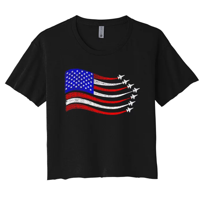 American Patriotic Fighter Jets Usa Flag Waving 4th Of July Women's Crop Top Tee