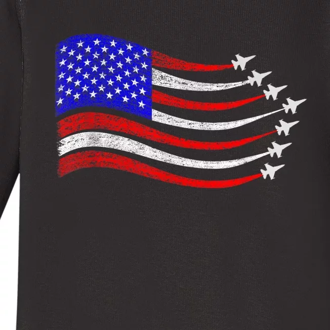 American Patriotic Fighter Jets Usa Flag Waving 4th Of July Baby Long Sleeve Bodysuit