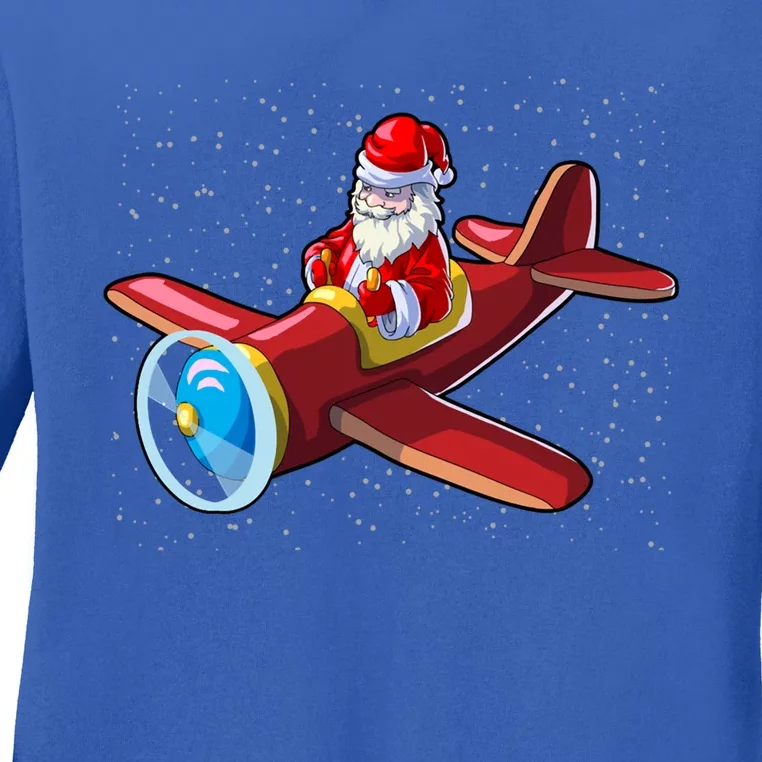 Airplane Pilot Funny Christmas Holidays Plane Santa Claus Gift Ladies Long Sleeve Shirt