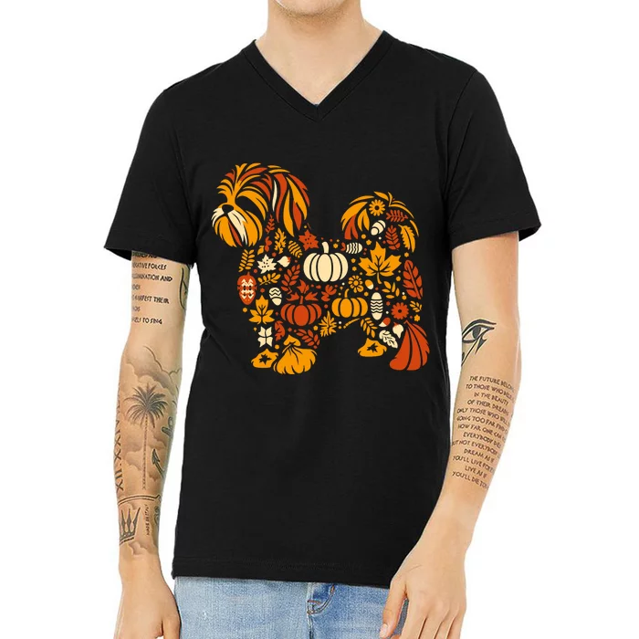 Autumn Pumpkin Fall Shih Tzu Thanksgiving V-Neck T-Shirt