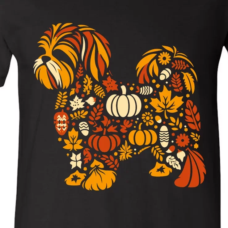 Autumn Pumpkin Fall Shih Tzu Thanksgiving V-Neck T-Shirt