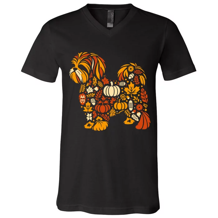 Autumn Pumpkin Fall Shih Tzu Thanksgiving V-Neck T-Shirt