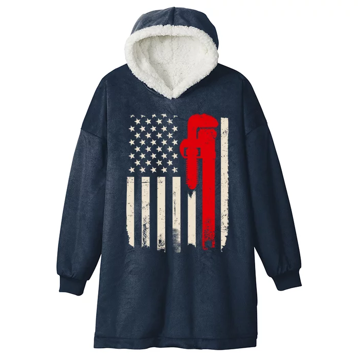 American Plumber Flag Patriotic Plumbing Wrench Pipefitter Gift Hooded Wearable Blanket