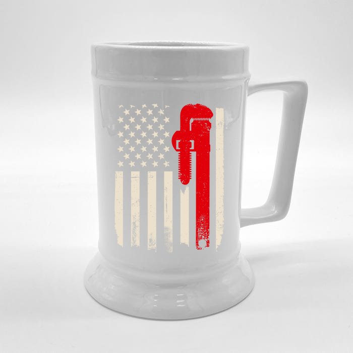 American Plumber Flag Patriotic Plumbing Wrench Pipefitter Gift Front & Back Beer Stein