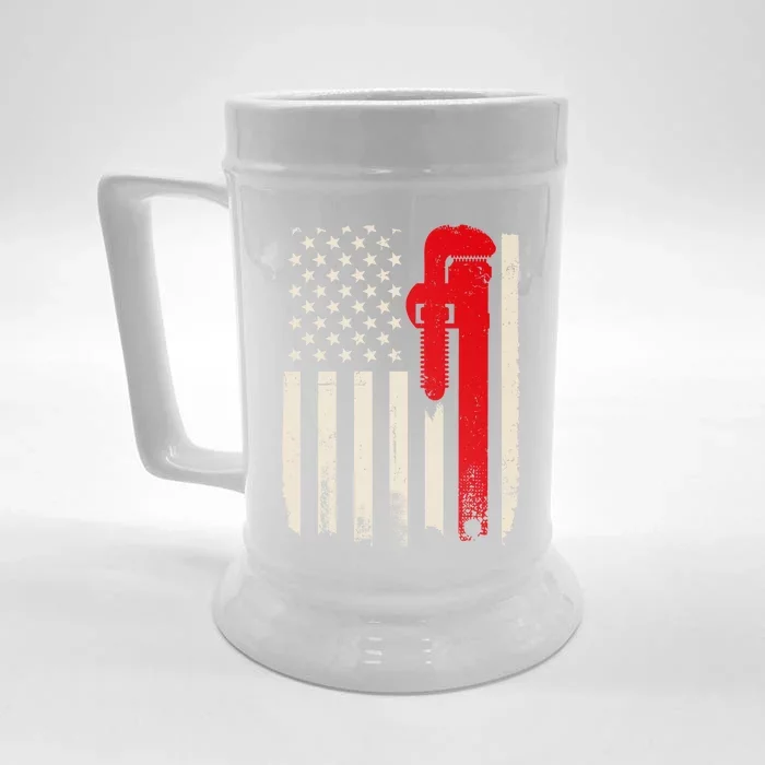 American Plumber Flag Patriotic Plumbing Wrench Pipefitter Gift Front & Back Beer Stein