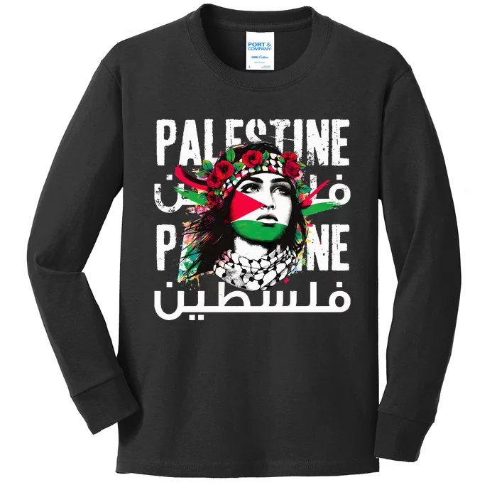 A Palestinian Girl Wearing A Palestinian Bandana Palestine Kids Long Sleeve Shirt