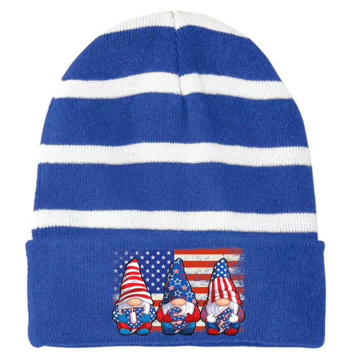 American Patriotic Gnomes Usa Independence Day 4th Of July Cute Gift Striped Beanie with Solid Band