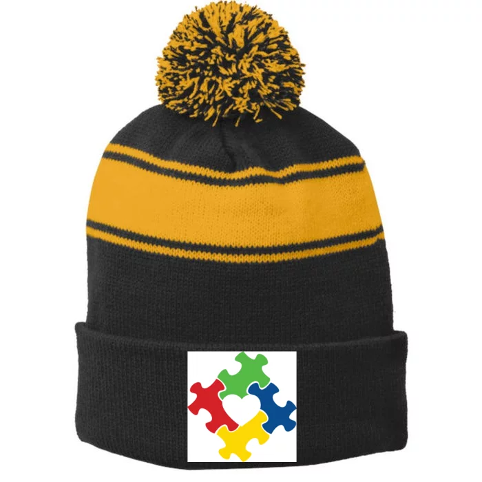 Autism Puzzle Heart Stripe Pom Pom Beanie