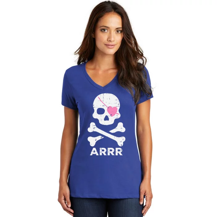 Arrr Pirate Heart Eyepatch Halloween Women's V-Neck T-Shirt