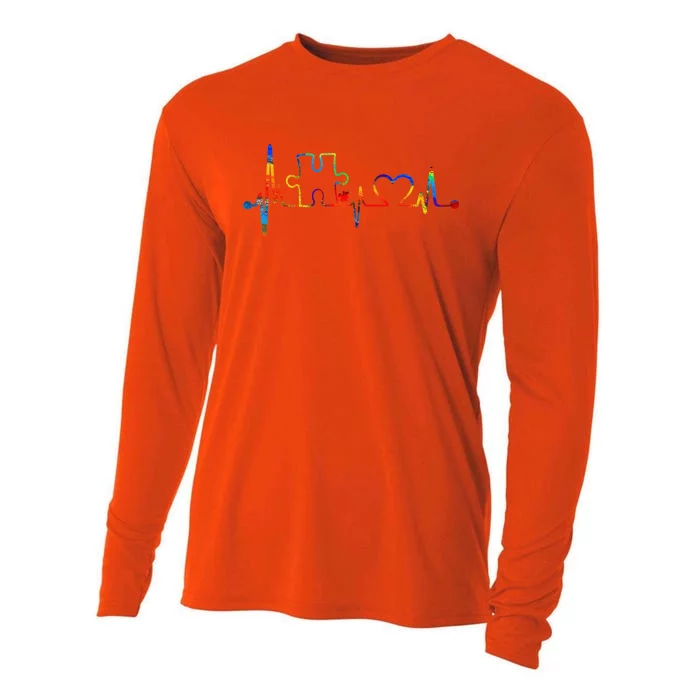 Autism Puzzle Heartbeat Heart Autism Awareness Colorful Mom Cooling Performance Long Sleeve Crew