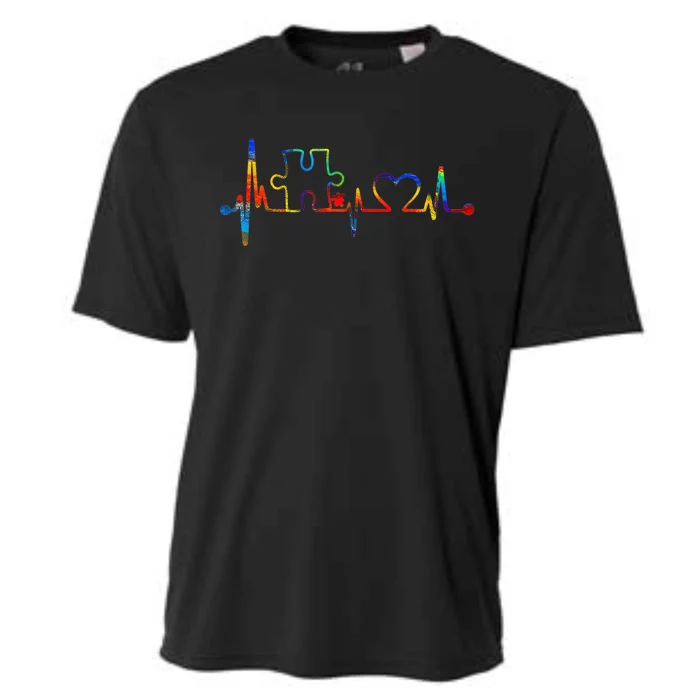 Autism Puzzle Heartbeat Heart Autism Awareness Colorful Mom Cooling Performance Crew T-Shirt