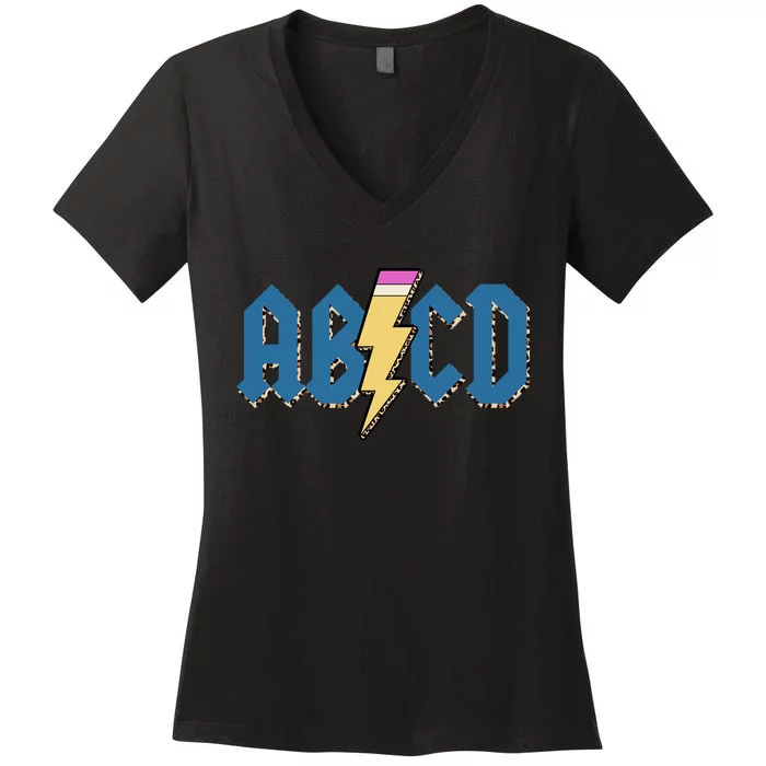 ABCD Pencil Lightning Rockn Roll Teacher Back To School Women's V-Neck T-Shirt