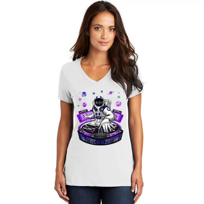 Astronaut Psychedelic Music Dj Psytrance Techno Edm Festival Women's V-Neck T-Shirt