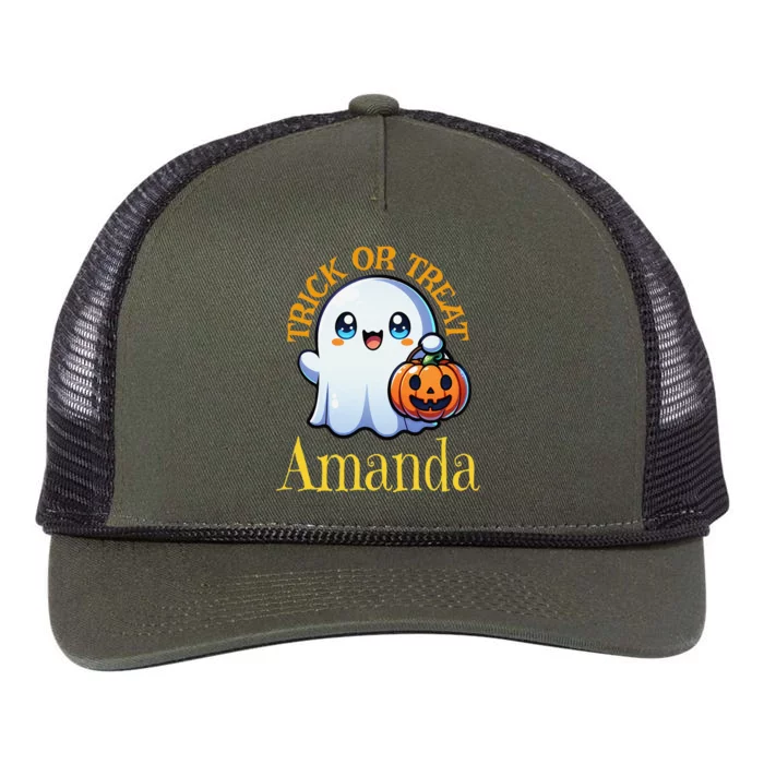 Amanda Personalized Name Cute Ghost Halloween Retro Rope Trucker Hat Cap