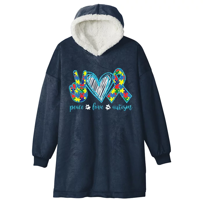 Autism Puzzle Piece Peace Love Autism Awareness Hooded Wearable Blanket