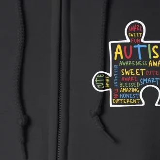 Autism Puzzle Piece Words Autistic Puzzle Autism Awareness Month Full Zip Hoodie