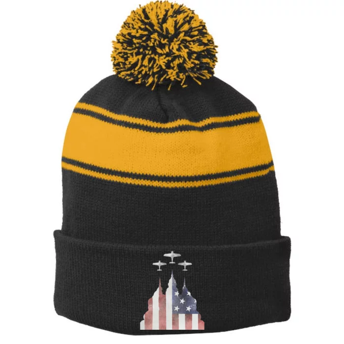 America Plane Patriotic Stripe Pom Pom Beanie